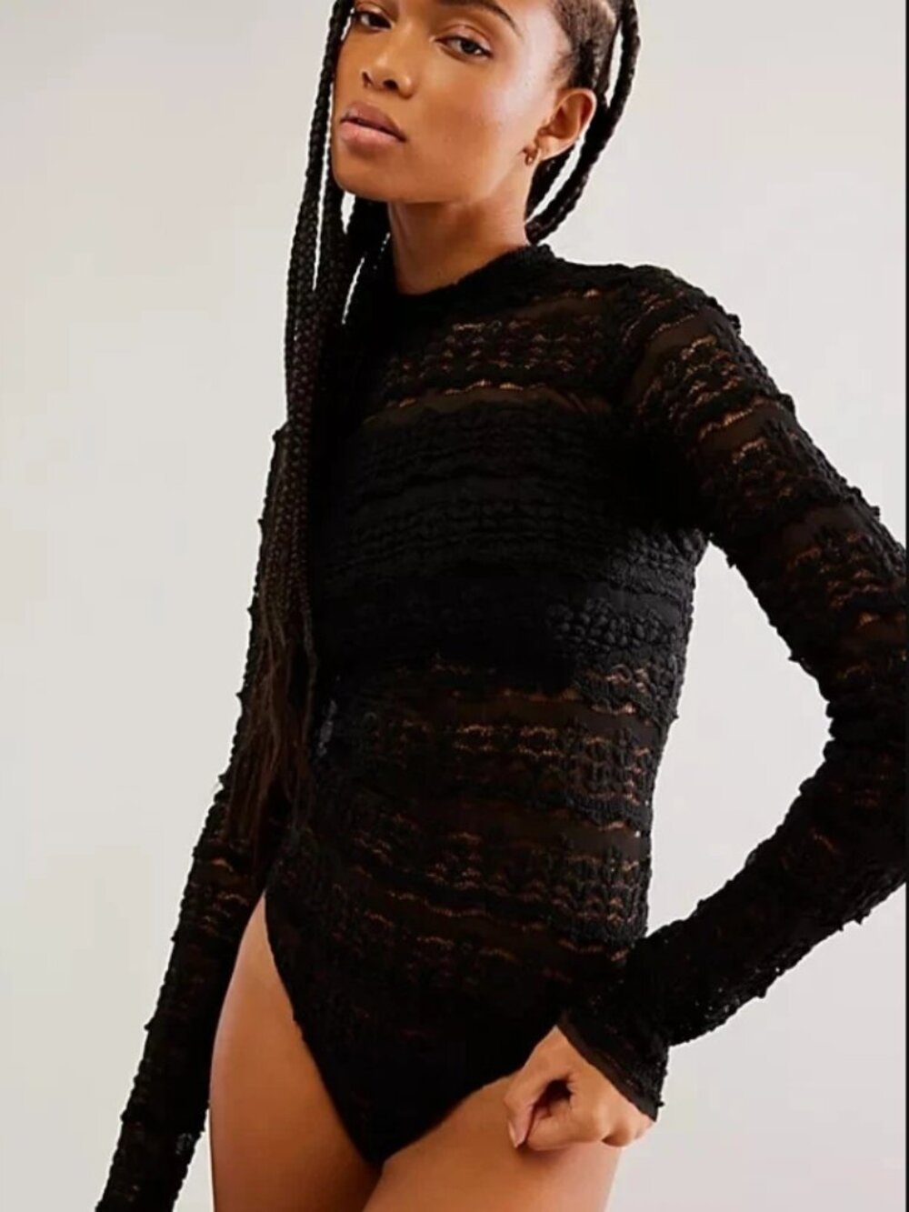 Free People Angelina Bodysuit Black Mock Neck Lace Sheer Cutout Top S